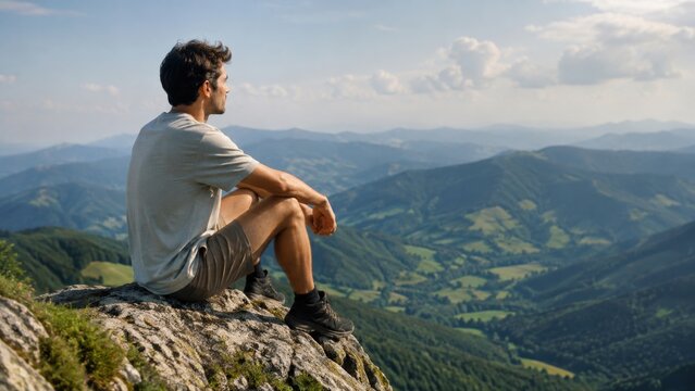 Digital Detox in den Bergen: Junger Mann sitzt auf einem Felsen und blickt &uuml;ber die weite Landschaft. Wandern, Ruhe, Freiheit und bewusste Offline-Zeit fern vom digitalen Alltag.