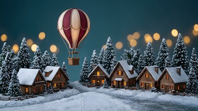 Hot air balloon over winter village