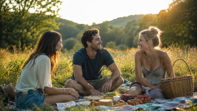 Digital Detox mit Freunden: Drei junge Erwachsene genie&szlig;en ein entspanntes Picknick in der Natur, lachen miteinander und erleben echte Verbindung, Gemeinschaft und analoge Freizeit.