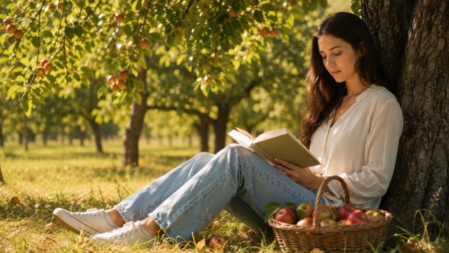 Digital Detox im Obstgarten: Junge Frau liest entspannt ein Buch unter einem Apfelbaum. Analoge Freizeit, Natur, Ruhe und Achtsamkeit als bewusster Ausgleich zum digitalen Alltag.