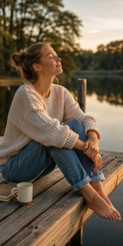 Digital Detox am See: Entspannte junge Frau sitzt barfu&szlig; auf einem Holzsteg, schlie&szlig;t die Augen und genie&szlig;t Ruhe, Natur und den Moment &ndash; bewusste Auszeit vom digitalen Alltag.
