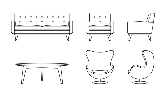 CAD Drawings. Vintage lounge furniture in front and side elevation views, including tufted sofa, armchair, egg chair, and coffee table. Vector illustration.