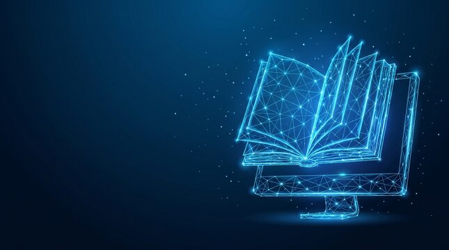 Digital book wireframe floating above a computer monitor on a dark blue gradient background with screen digital