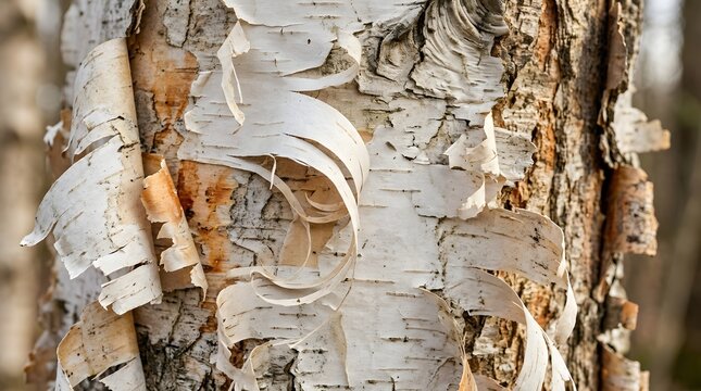 White birch tree bark texture featuring peeling layers of papery natural wood grain in a bright sunny forest environment outdoors
