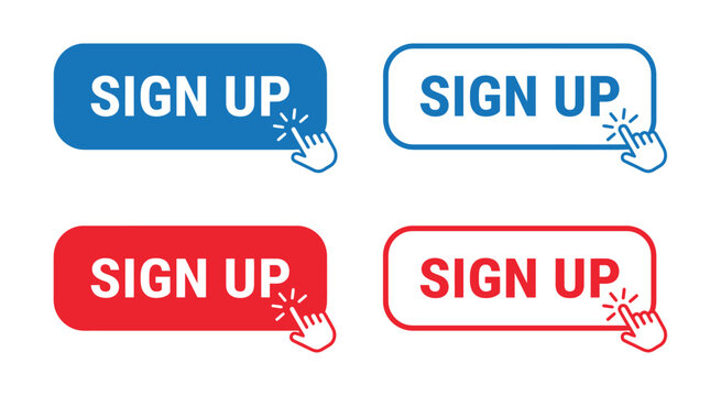 Sign up registration button illustration. Website interface design featuring clickable buttons, hand pointer, mouse cursor, account creation, membership registration, and digital service concept.