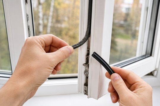 Hands replacing a damaged black rubber window seal, illustrating home maintenance, insulation repair, drafts, energy efficiency and preparation for colder weather