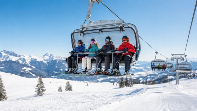 Skiers riding chairlift above snowy alpine slopes with panoramic mountain landscape