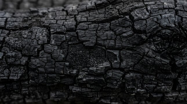 Charred wooden log showing detailed cracked black texture and deep grooves from intense heat captured in a high resolution macro shot