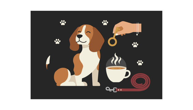 Cute beagle dog sitting next to a steaming coffee cup, hand holding key, and a dog leash on a black background.
