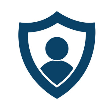 Dark blue shield icon featuring a simple person silhouette for user security and personal data protection concepts transparent background