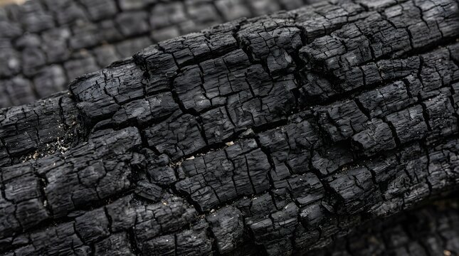 Burnt wood logs showcasing deep charcoal textures with intricate cracked patterns captured in sharp focus for a rustic natural background