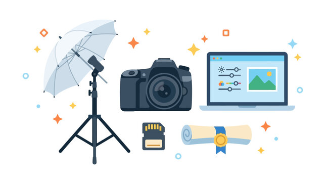Professional photography equipment set, digital camera with studio lighting umbrella, laptop photo editing software and diploma vector