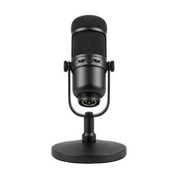 Professional black condenser microphone on desk stand, studio podcast mic for recording, vocal audio equipment gear isolated PNG with Transparent Background