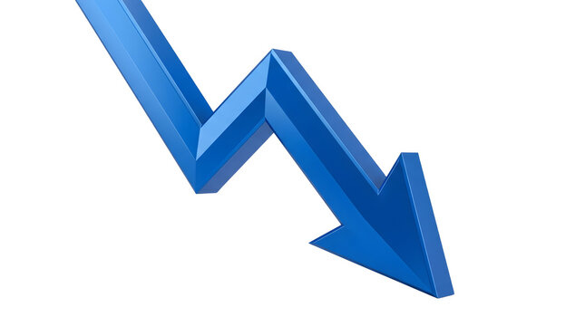 Blue arrow pointing downward, isolated on transparent PNG background &mdash; business decline and decrease trend icon for finance design projects
