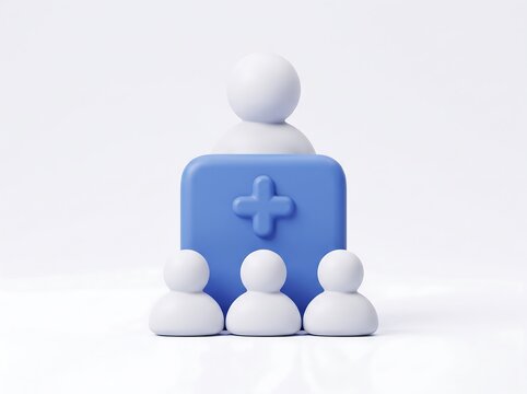 3D render of human figures icons standing around a medical cross symbol on white background with medical staff