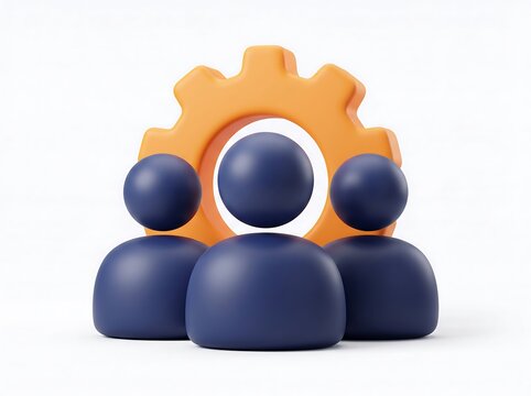 3D render of human figures icons standing in front of a mechanical gear cogwheel with teamwork