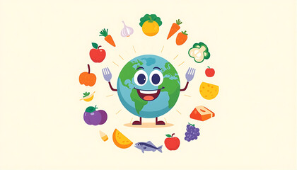 Obraz premium Smiling earth cartoon character holding fork and spoon surrounded by food icons.