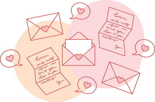 Cute hand drawn love letters and envelopes with heart speech bubbles vector illustration