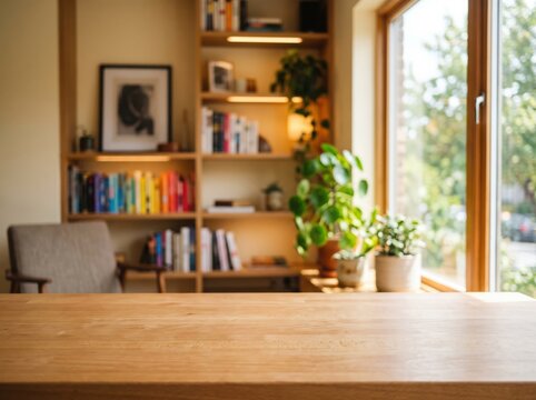 Empty wooden table in a cozy home office with a bookshelf and natural light from a window