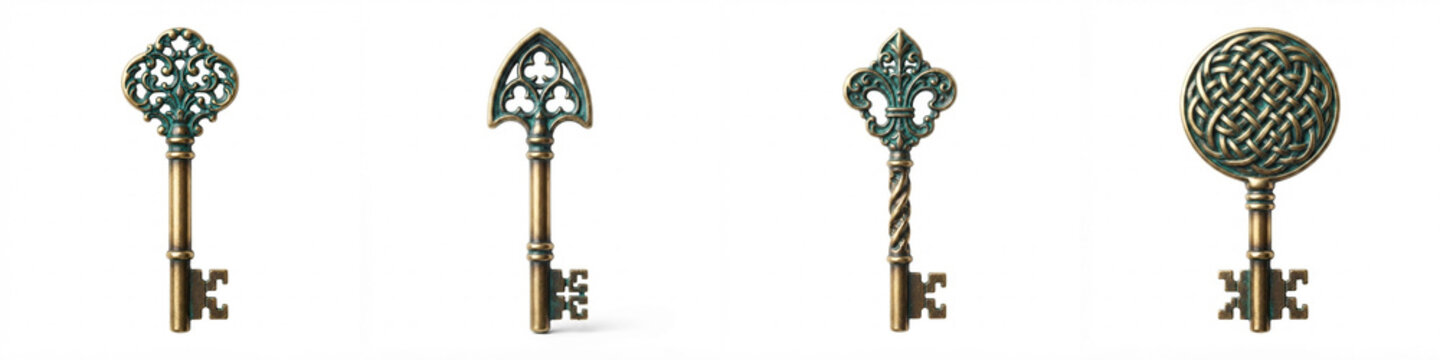 Vintage keys in ornate bronze design with aged green patina, featuring gothic, celtic, and fleur-de-lis handles isolated on white, ideal for fantasy games, mystery, and branding