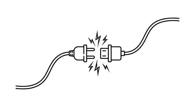 Power plug disconnection illustration. Electrical outlet and unplugged cord design with energy sparks, household electricity, cable connection, power supply, and safety warning concept.