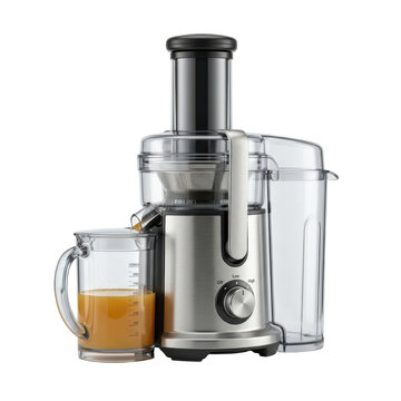 Modern electric juicer machine with fresh orange juice, stainless steel centrifugal extractor, kitchen appliance isolated PNG with Transparent Background