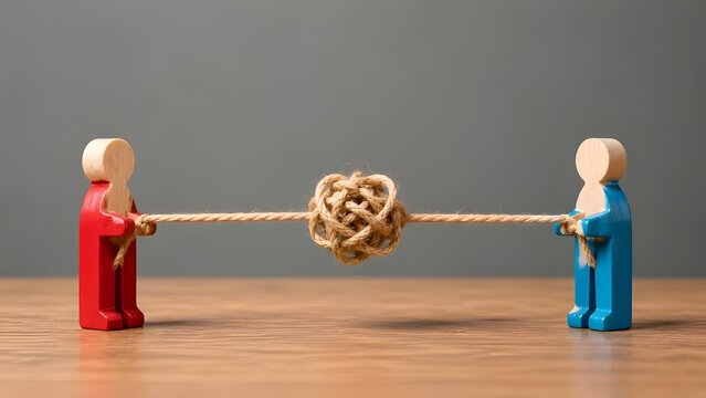Red and blue wooden figures pulling a tangled rope in opposite directions symbolizing business conflict and relationship problems