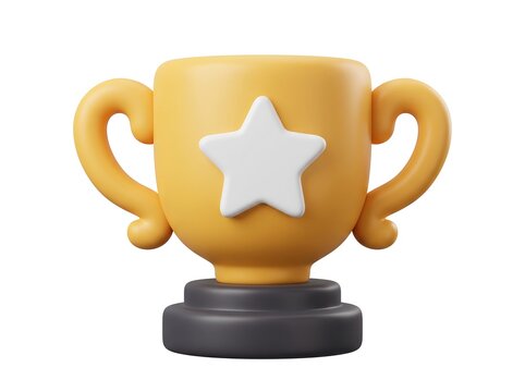 Golden trophy cup with white star icon and dark base 3D render isolated on white background