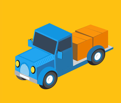 Blue delivery truck carrying cargo boxes isometric illustration