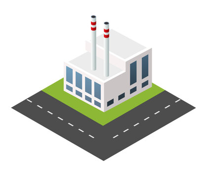 Isometric factory building with chimneys and road
