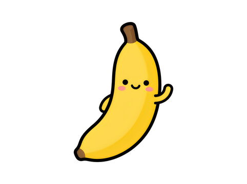 Cute cartoon banana character with a happy smiling face waving hello isolated on a white background