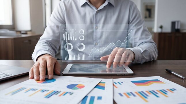 Business analyst comparing digital charts on a tablet with colorful printed financial reports spread across a desk. Realistic photograph with natural light, realistic detail, and shallow depth.