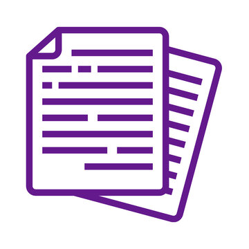 Purple document icon representing two stacked sheets of paper with text lines transparent background