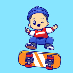 Cute cartoon boy jumping on a skateboard © Sumon 
