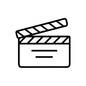 movie clapperboard icon for cinema filmmaking and production, thin line outline symbol for studio recording and film action