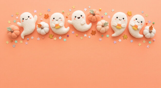 Halloween border with cute felt ghosts and mini pumpkins on a vibrant peach background.