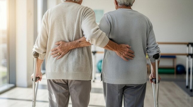 Rear view of an elderly couple supporting each other with crutches on Rehabilitation Day, showcasing physical therapy, geriatric healthcare recovery, and mutual support in a clinic.