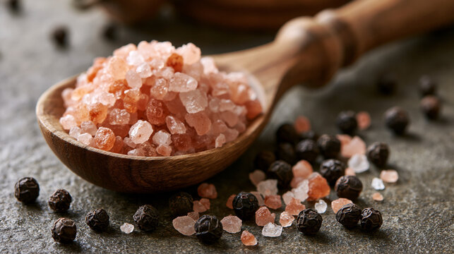 Pink Himalayan salt crystals and black peppercorns in a wooden spoon on a rustic dark surface. Perfect food ingredient and seasoning concept for culinary blogs.