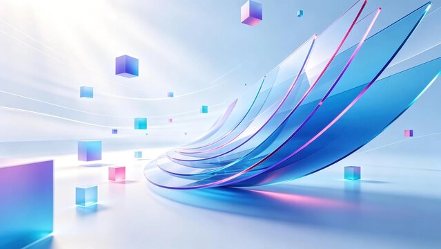 Wavy layered transparent blue glass panels with floating colored cube blocks on bright clean light background, modern abstract digital technology art