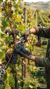 Vendimiador cortando racimos de uvas tintas maduras con tijeras de podar en un vi&ntilde;edo soleado durante la cosecha oto&ntilde;al.