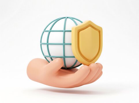 3D render illustration of a hand holding a globe protected by shield security icon with security