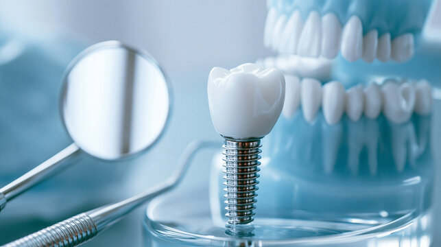 Dental implant model with professional tools in a clinic setting. Ideal for oral health and surgery education concepts.