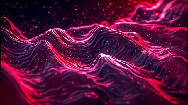 Futuristic black fluid forming heavy irregular waves across the frame, with vivid pink highlights and drifting red particles creating a sophisticated atmospheric motion design.