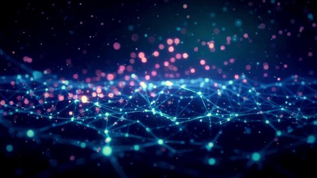 Elegant digital light network dancing in fluid motion, with glowing blue nodes and soft pink mist creating an immersive futuristic electronic aesthetic.