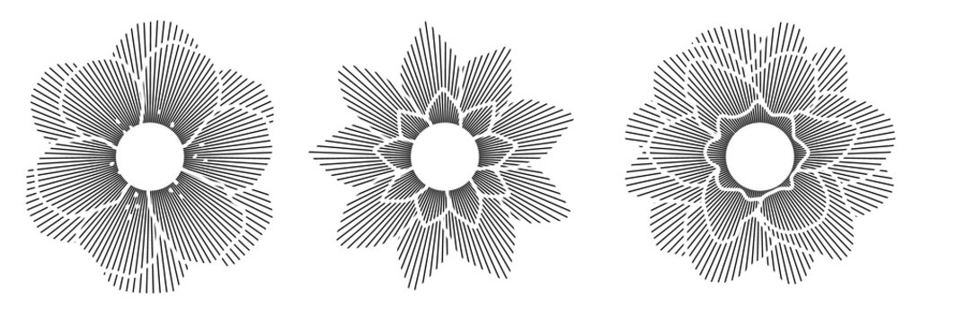 Minimalist gray flower icons set, three stylized floral blossoms with gradient petals, modern botanical design elements for web