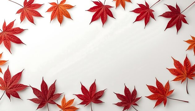 A circular arrangement of vibrant red and orange maple leaves on a plain white background creates a festive frame for autumn-themed content.