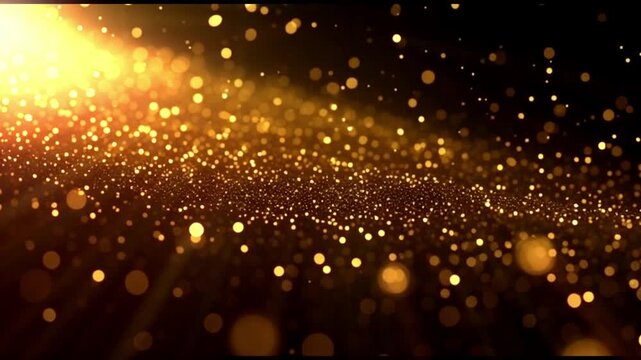 Glowing golden dust floating gently through darkness, creating a refined particle atmosphere with subtle movement, sparkling highlights, and premium visual appeal.