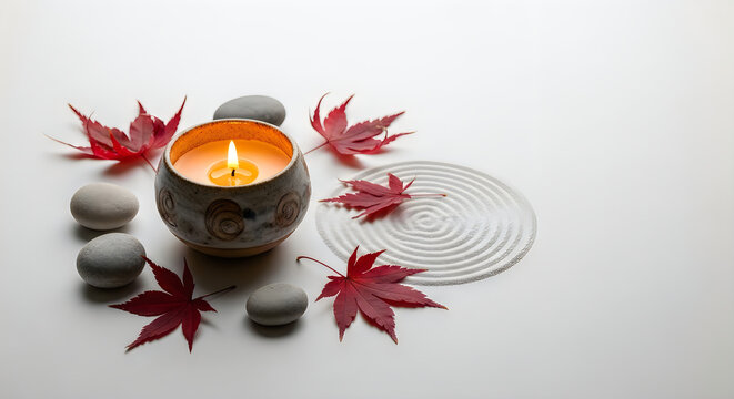 Zen still life with autumn maple leaves candle and river stones