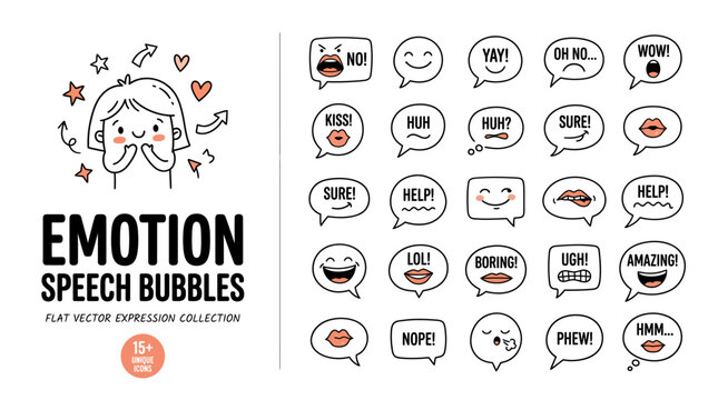 Hand-drawn emotion speech bubbles, set of 25+ flat vector expression icons, cute doodle character communication stickers