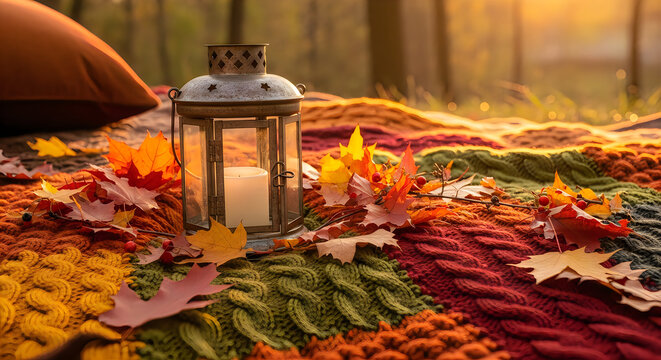 Autumnal outdoor scene with lantern fall leaves and cozy knit blankets